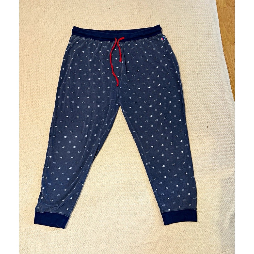 Champion Men's Blue Allover Logo Jogger Pants XL Regular Tapered Drawstring